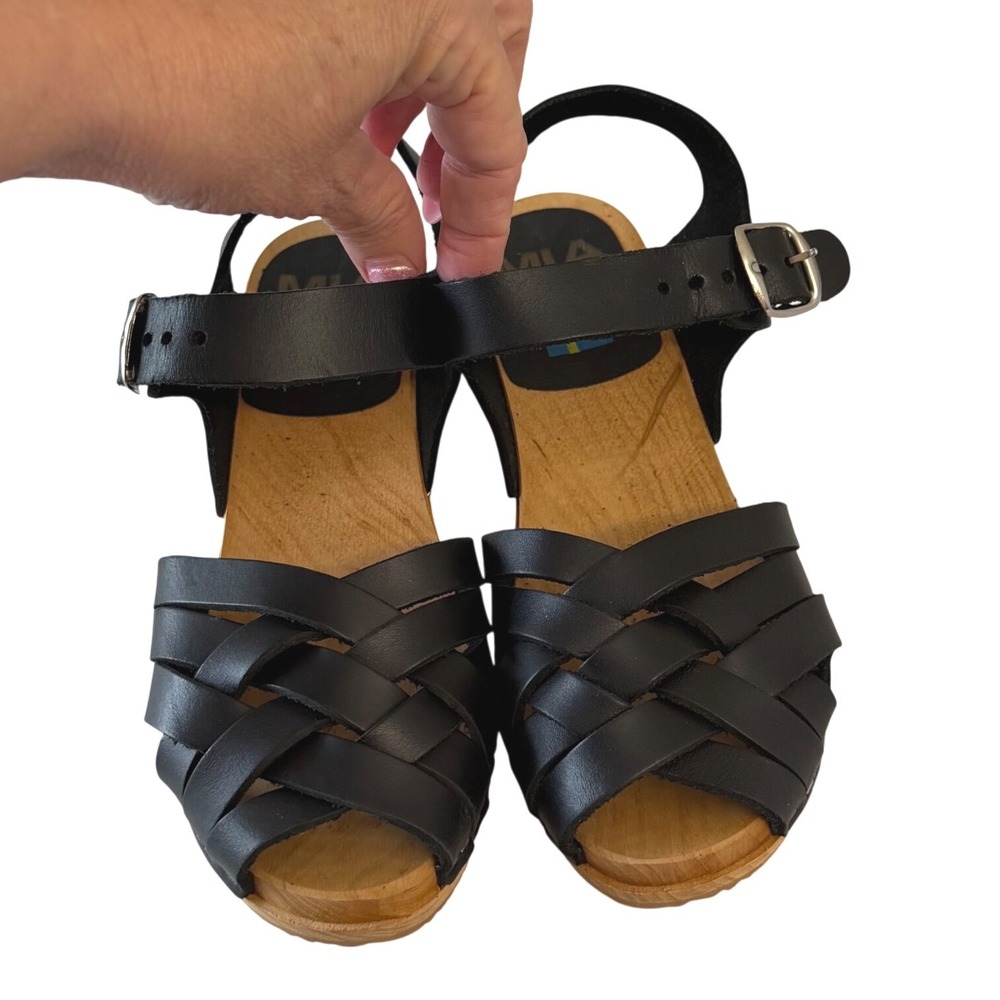 MIA Bety Black Leather Woven Swedish Wood Clogs Sandals Womens Size 36 Sz 5.5